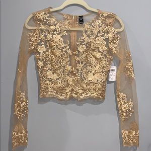 NWT Windsor Gold Embroidered Mesh Long Sleeve Top